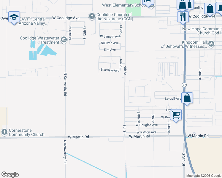 map of restaurants, bars, coffee shops, grocery stores, and more near 942 West Sunset Avenue in Coolidge