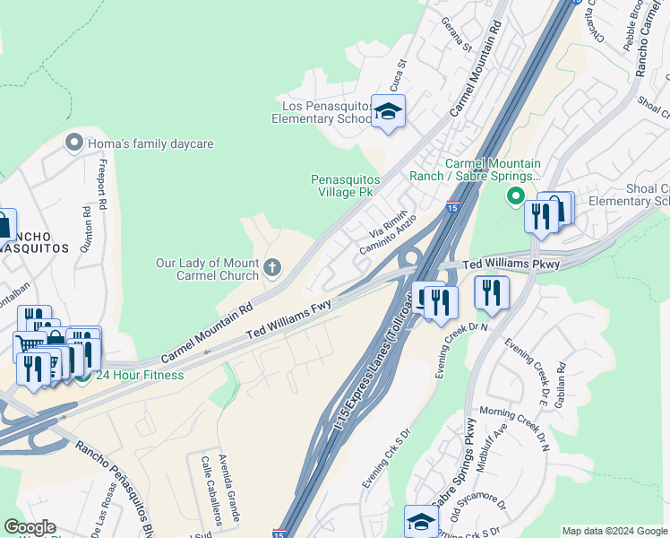 map of restaurants, bars, coffee shops, grocery stores, and more near 13749 Caminito Vizzini in San Diego