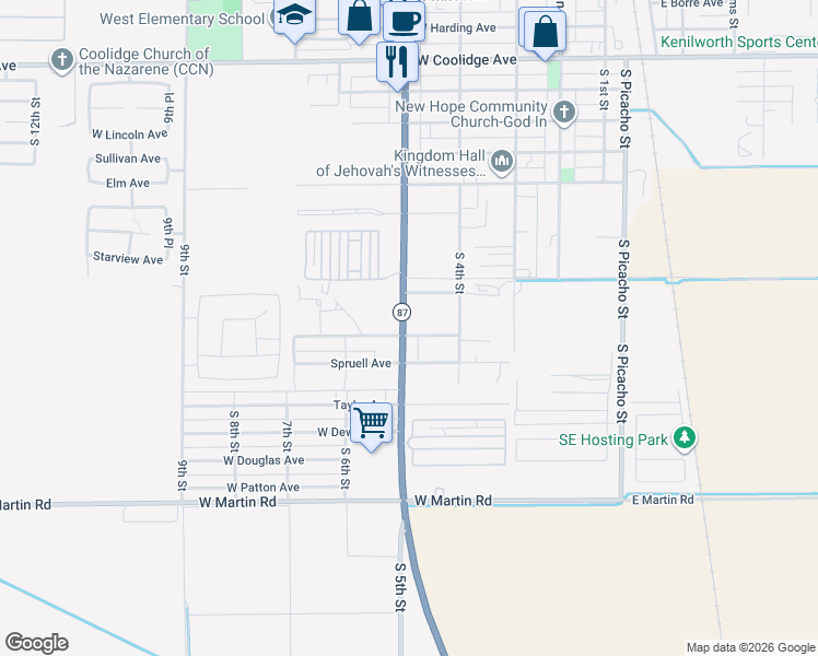 map of restaurants, bars, coffee shops, grocery stores, and more near 1531 South Arizona Boulevard in Coolidge