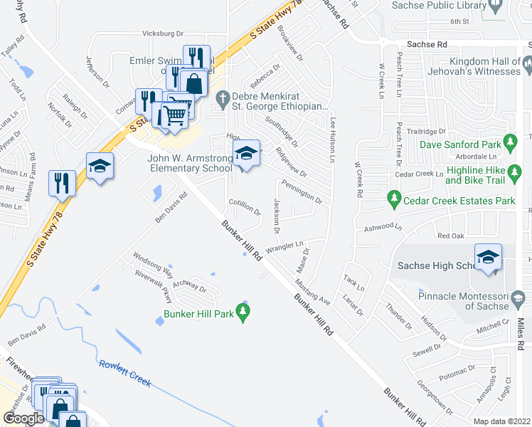 map of restaurants, bars, coffee shops, grocery stores, and more near 4335 Jackson Drive in Sachse