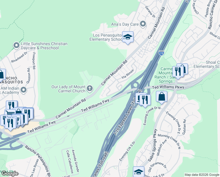 map of restaurants, bars, coffee shops, grocery stores, and more near 13754 Caminito Vizzini in San Diego