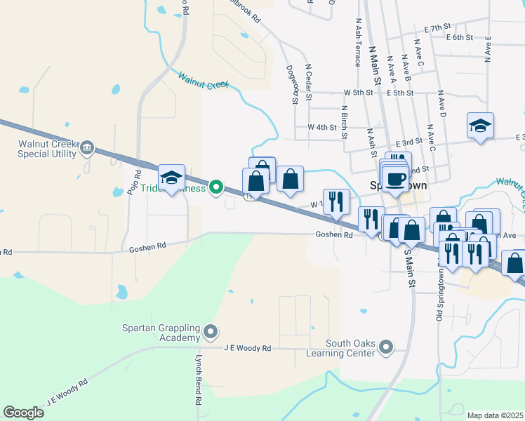map of restaurants, bars, coffee shops, grocery stores, and more near 508 Goshen Road in Springtown