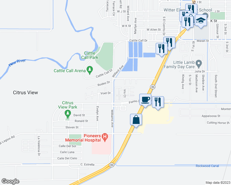 map of restaurants, bars, coffee shops, grocery stores, and more near 300 Sunny Meadow Drive in Brawley