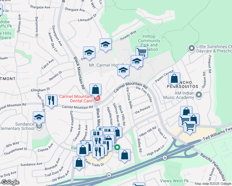 map of restaurants, bars, coffee shops, grocery stores, and more near 9388 Sawtooth Way in San Diego
