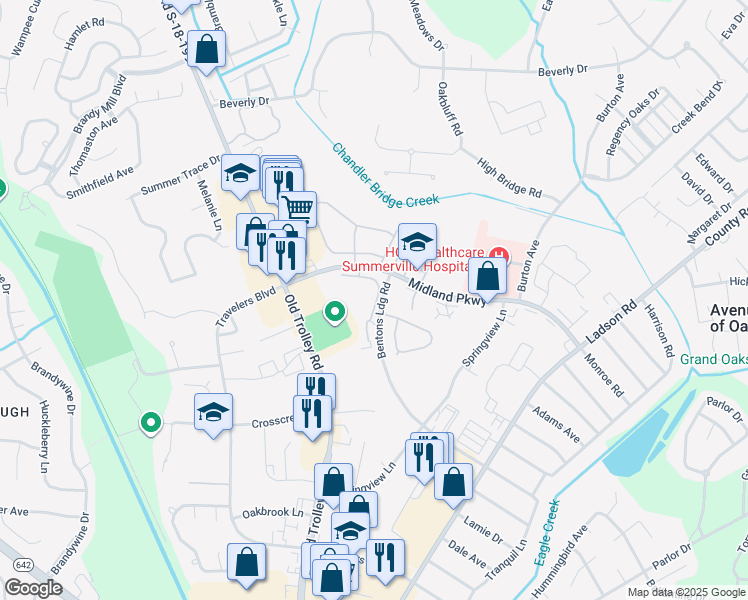 map of restaurants, bars, coffee shops, grocery stores, and more near 188 Midland Parkway in Summerville