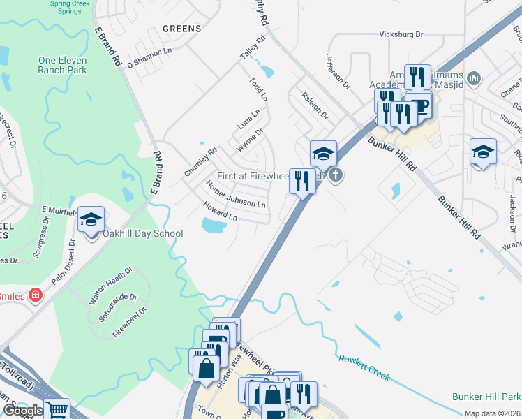 map of restaurants, bars, coffee shops, grocery stores, and more near 814 Howard Lane in Garland