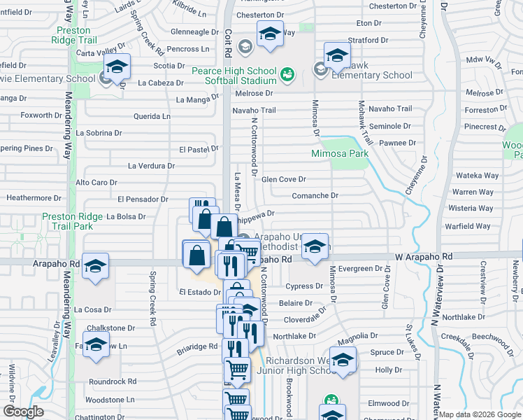 map of restaurants, bars, coffee shops, grocery stores, and more near 1116 North Cottonwood Drive in Richardson