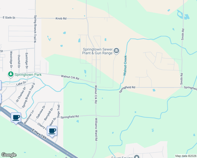 map of restaurants, bars, coffee shops, grocery stores, and more near 1141-1381 Walnut Creek Drive in Springtown