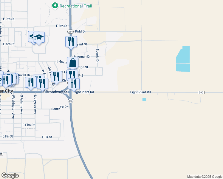 map of restaurants, bars, coffee shops, grocery stores, and more near 1511 Light Plant Road in Denver City