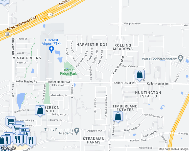 map of restaurants, bars, coffee shops, grocery stores, and more near 13049 Fencerow Road in Fort Worth