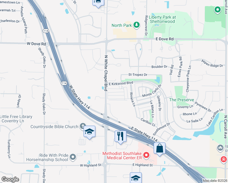 map of restaurants, bars, coffee shops, grocery stores, and more near 1801 North White Chapel Boulevard in Southlake
