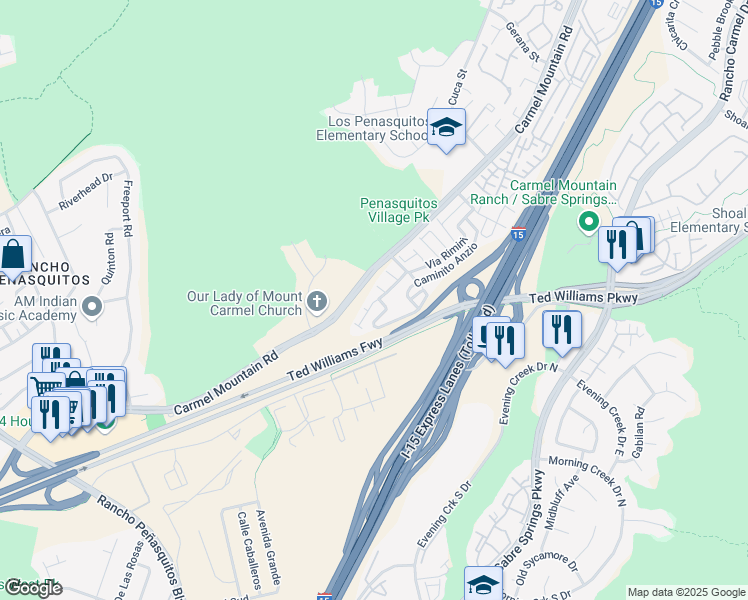 map of restaurants, bars, coffee shops, grocery stores, and more near 10438 Caminito Rimini in San Diego