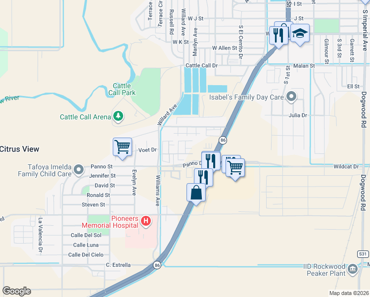 map of restaurants, bars, coffee shops, grocery stores, and more near Marigold Way in Brawley