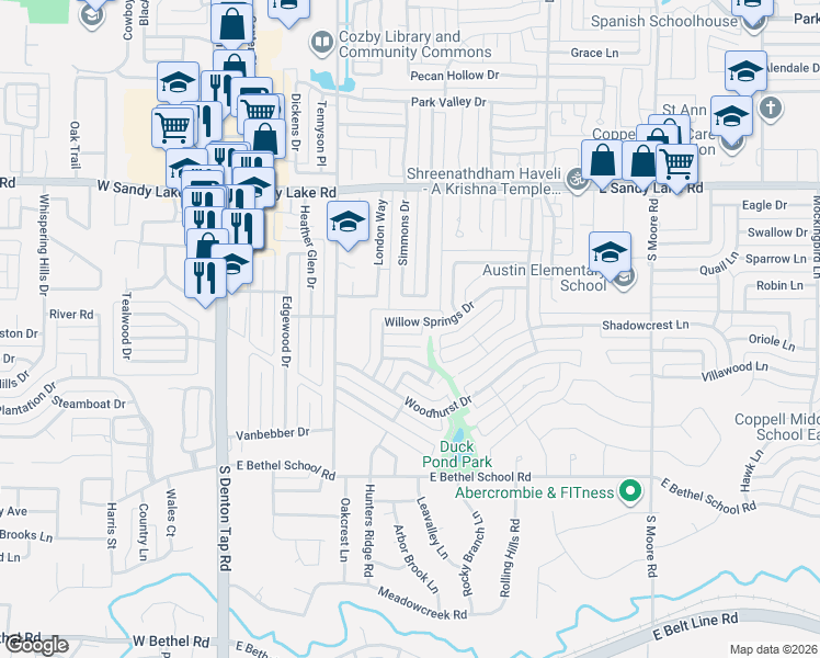 map of restaurants, bars, coffee shops, grocery stores, and more near 185 Simmons Drive in Coppell