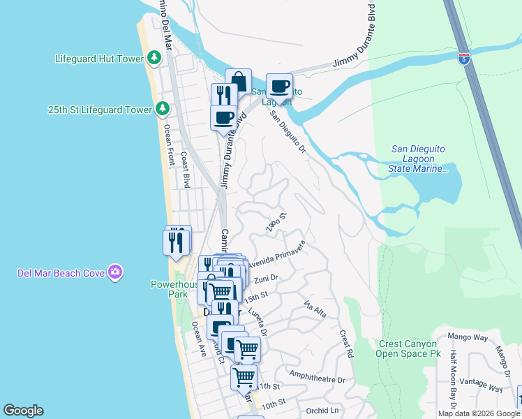 map of restaurants, bars, coffee shops, grocery stores, and more near 364 Bellaire Street in Del Mar