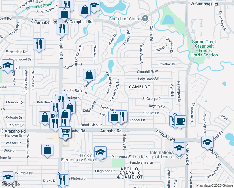 map of restaurants, bars, coffee shops, grocery stores, and more near 3122 Castle Rock Lane in Garland
