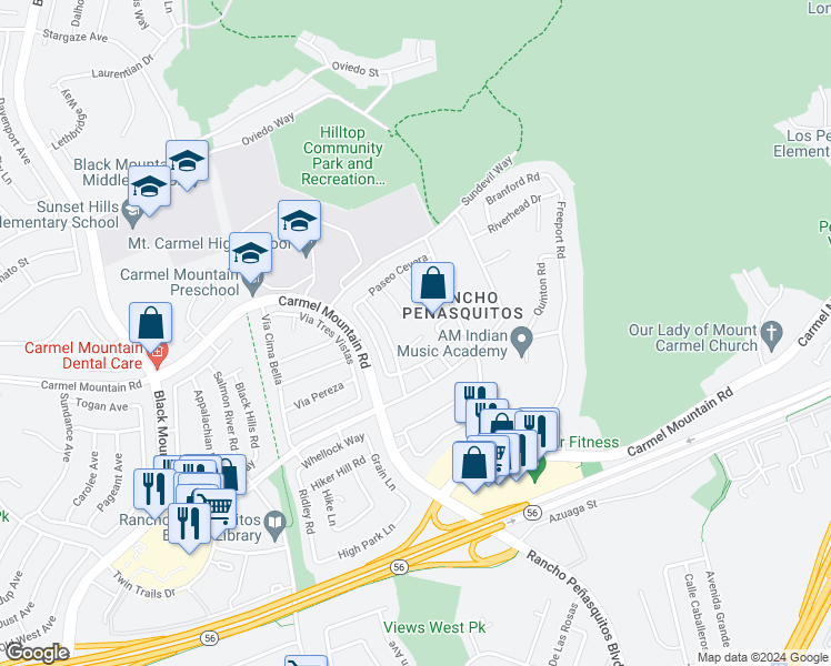 map of restaurants, bars, coffee shops, grocery stores, and more near 9858 Via Caceres in San Diego