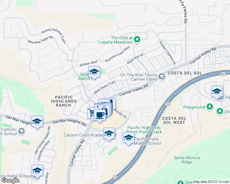 map of restaurants, bars, coffee shops, grocery stores, and more near 6139 Blue Dawn Trail in San Diego