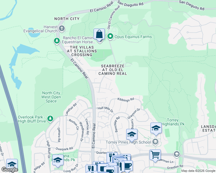 map of restaurants, bars, coffee shops, grocery stores, and more near 13634 Via Viejo in San Diego