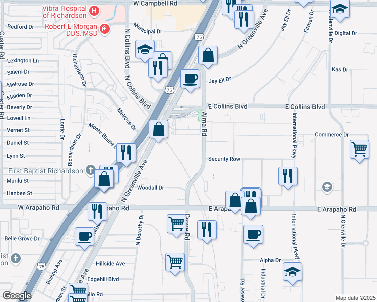 map of restaurants, bars, coffee shops, grocery stores, and more near 1200-1498 Street A in Richardson