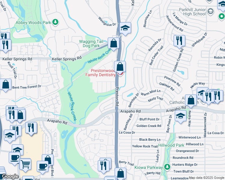 map of restaurants, bars, coffee shops, grocery stores, and more near 15927 Archwood Lane in Dallas