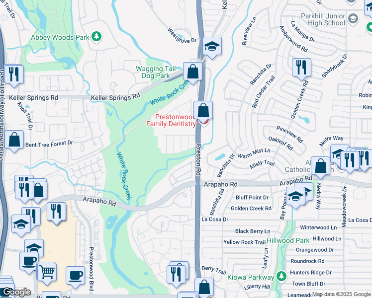 map of restaurants, bars, coffee shops, grocery stores, and more near 15927 Archwood Lane in Dallas