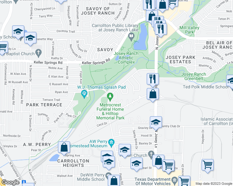 map of restaurants, bars, coffee shops, grocery stores, and more near 1811 Sherwood Lane in Carrollton