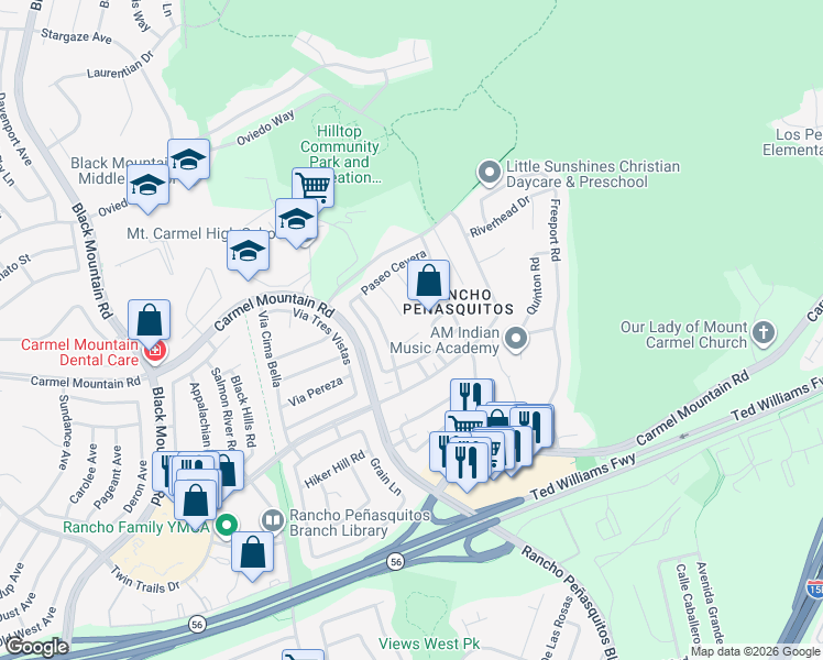 map of restaurants, bars, coffee shops, grocery stores, and more near 9858 Via Caceres in San Diego