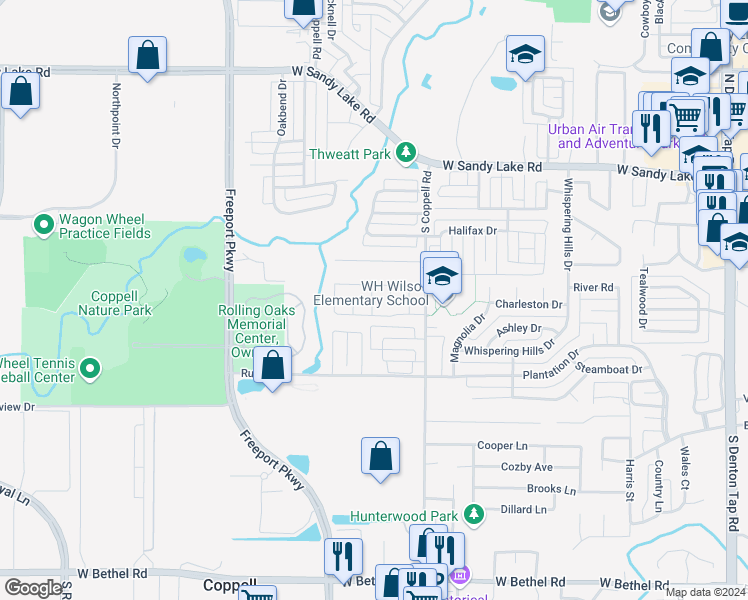 map of restaurants, bars, coffee shops, grocery stores, and more near 301 South Coppell Road in Coppell