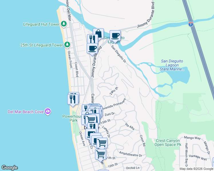 map of restaurants, bars, coffee shops, grocery stores, and more near 364 Bellaire Street in Del Mar