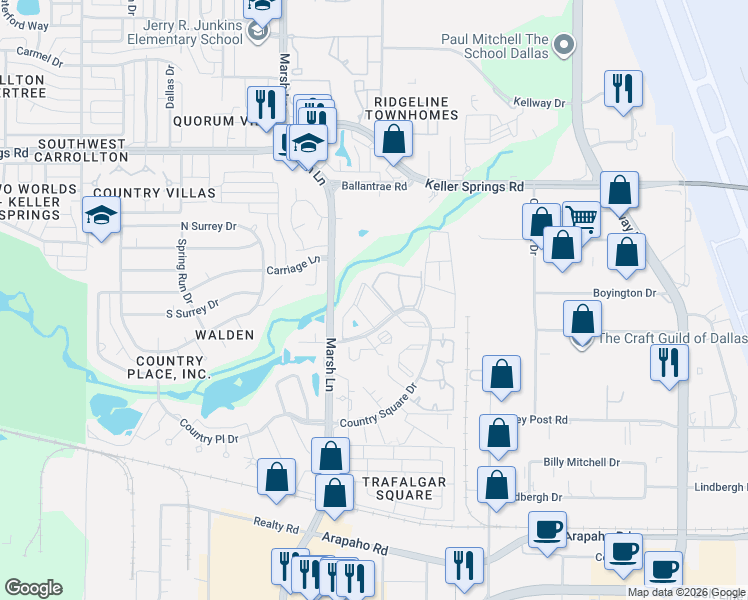 map of restaurants, bars, coffee shops, grocery stores, and more near 3550 Country Square Drive in Carrollton