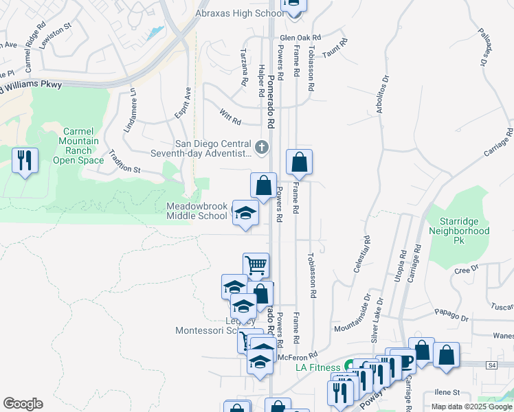map of restaurants, bars, coffee shops, grocery stores, and more near 13821 Eisenhower Avenue in Poway