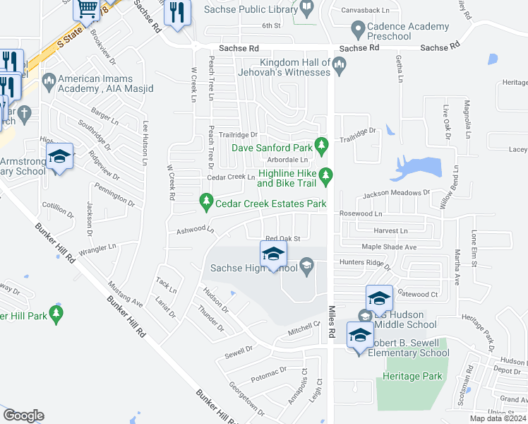 map of restaurants, bars, coffee shops, grocery stores, and more near 3705 Rosewood Circle in Sachse