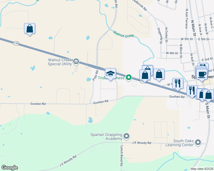 map of restaurants, bars, coffee shops, grocery stores, and more near 915 West Highway 199 in Springtown