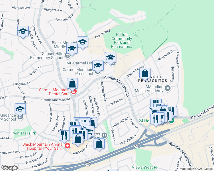 map of restaurants, bars, coffee shops, grocery stores, and more near 13770 Tres Vista Court in San Diego
