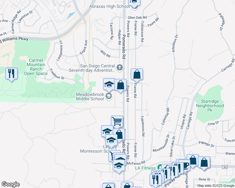 map of restaurants, bars, coffee shops, grocery stores, and more near 13821 Eisenhower Avenue in Poway