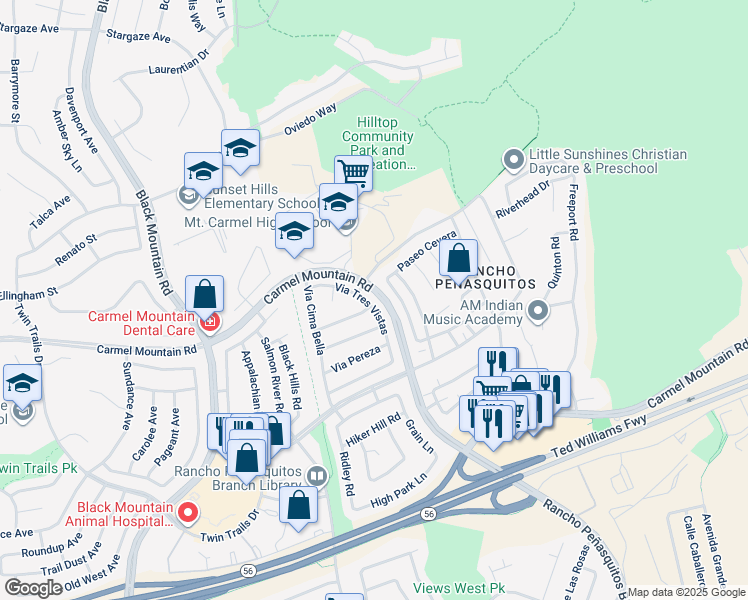 map of restaurants, bars, coffee shops, grocery stores, and more near 13751 Via Tres Vistas in San Diego