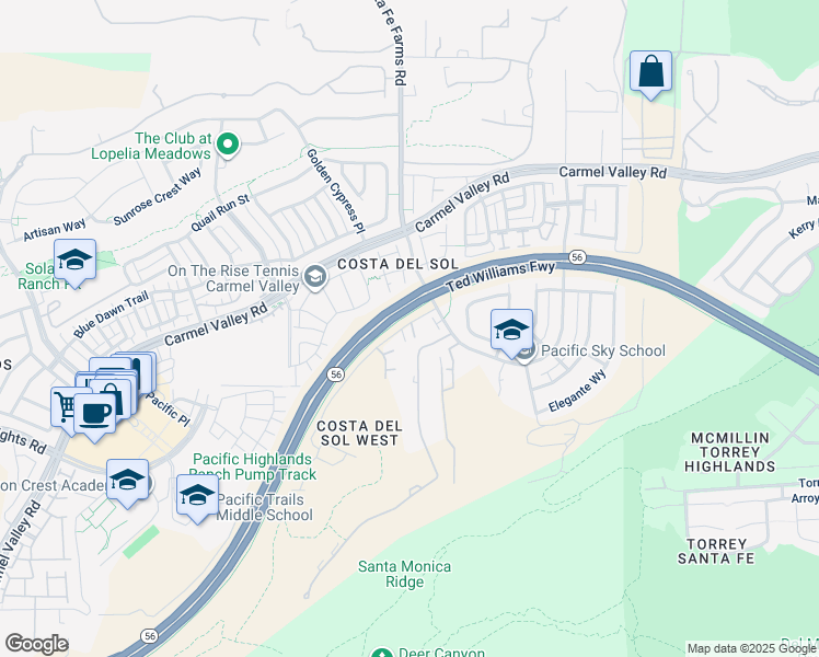 map of restaurants, bars, coffee shops, grocery stores, and more near 13560 1/2 Rancho Santa Fe Farms Road in San Diego
