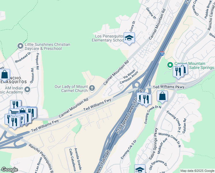 map of restaurants, bars, coffee shops, grocery stores, and more near 10429 Caminito Rimini in San Diego