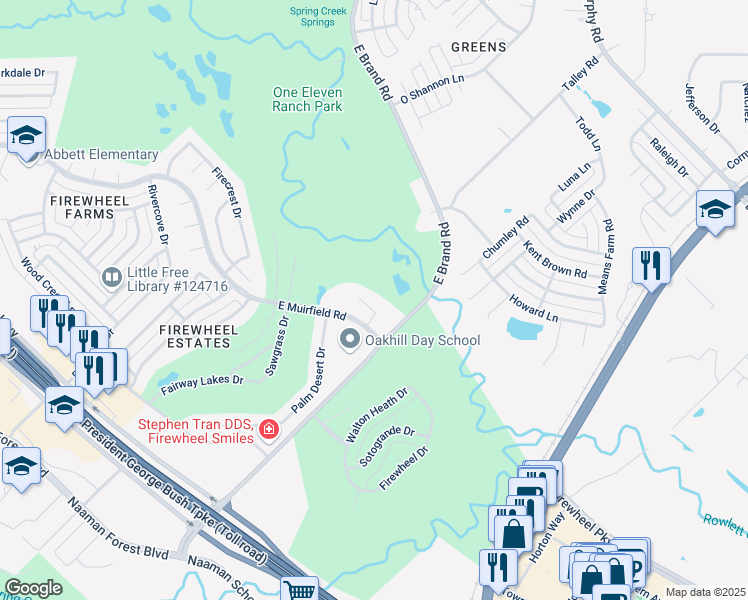 map of restaurants, bars, coffee shops, grocery stores, and more near 717 Carnoustie Court in Garland