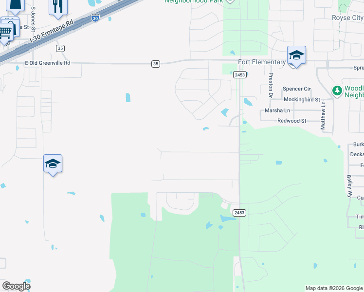 map of restaurants, bars, coffee shops, grocery stores, and more near 1800 Ranch Road in Royse City