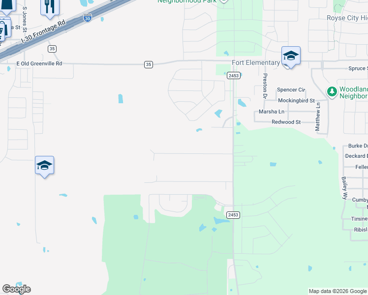 map of restaurants, bars, coffee shops, grocery stores, and more near 1800 Ranch Rd in Royse City