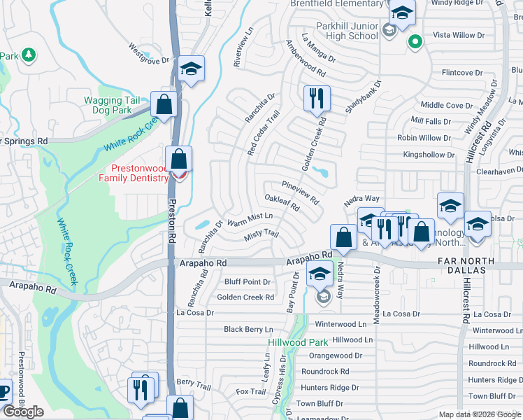 map of restaurants, bars, coffee shops, grocery stores, and more near 16012 Red Cedar Trail in Dallas