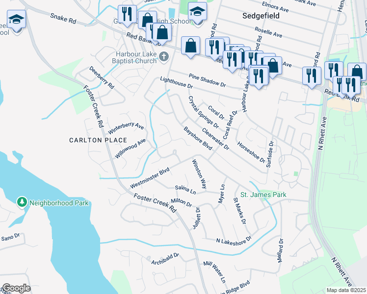 map of restaurants, bars, coffee shops, grocery stores, and more near 1817 Sundancer Lane in Goose Creek