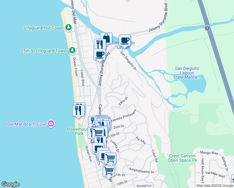 map of restaurants, bars, coffee shops, grocery stores, and more near 457 Culebra Street in Del Mar