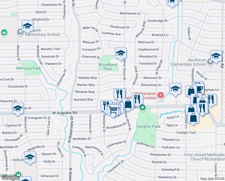 map of restaurants, bars, coffee shops, grocery stores, and more near 814 Wisteria Way in Richardson