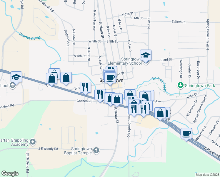 map of restaurants, bars, coffee shops, grocery stores, and more near 128 South Main Street in Springtown