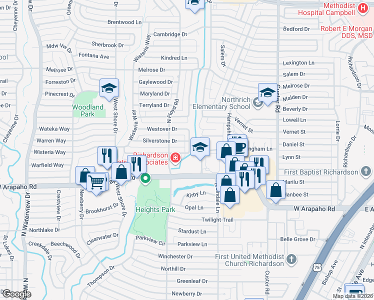 map of restaurants, bars, coffee shops, grocery stores, and more near 631 Silverstone Drive in Richardson