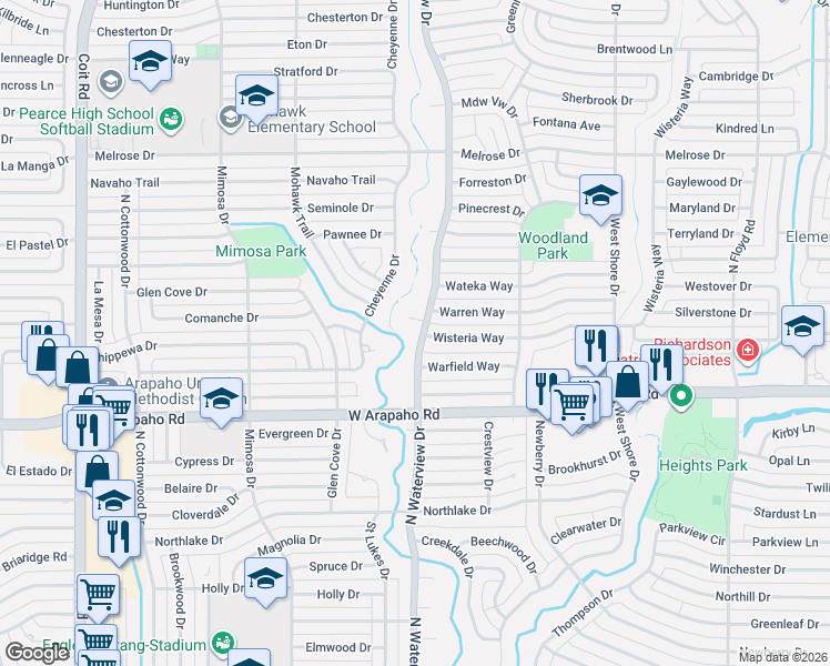 map of restaurants, bars, coffee shops, grocery stores, and more near 1201 North Waterview Drive in Richardson