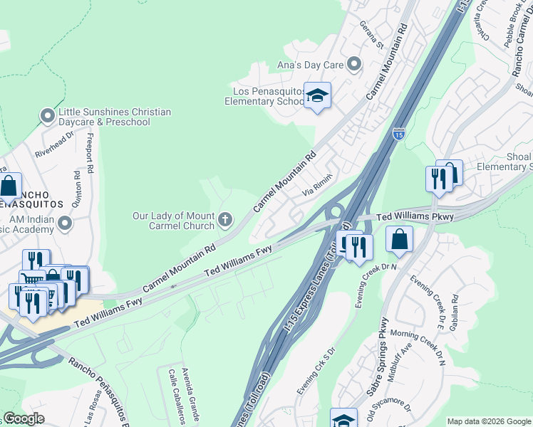 map of restaurants, bars, coffee shops, grocery stores, and more near 10450 Caminito Rimini in San Diego